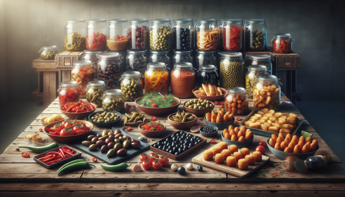 A vibrant array of prepared tapas on a rustic table, with airtight containers visible in the background.