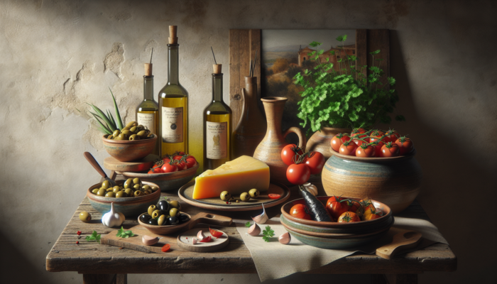 An assortment of bowls filled with olives, tomatoes, garlic, manchego cheese, fresh parsley, basil, olive oil, stuffed peppers, and chorizo slices on a rustic Spanish kitchen counter.