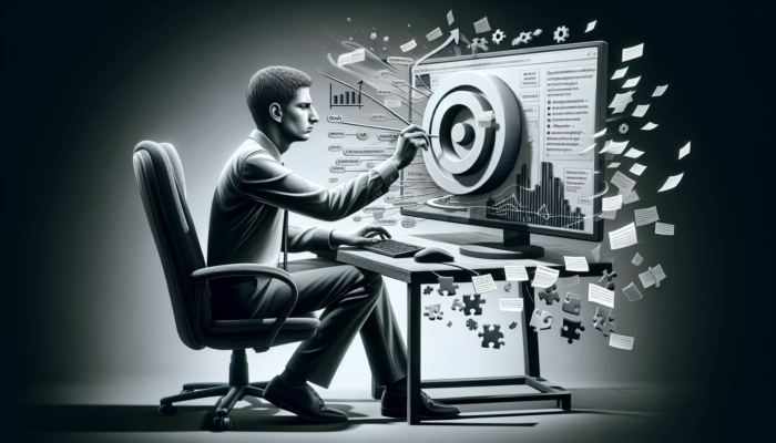Individual setting up Google Business Analytics, frustrated, overlooking key steps like goal setting and tracking code installation.