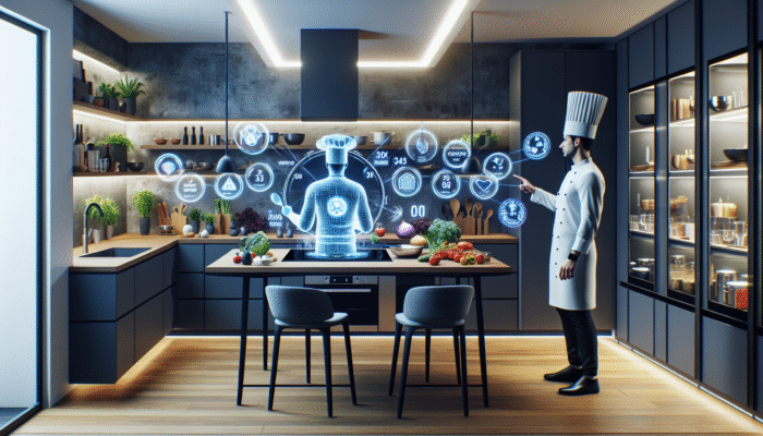 A virtual chef guides the user through a complex recipe using AR in a modern kitchen.