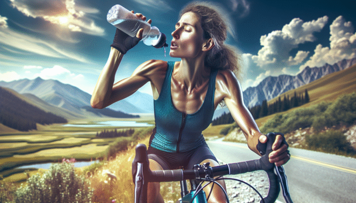 Hydration for Long-Distance Cycling: Cyclist drinking from a water bottle during a long-distance ride, focused on hydration for performance.