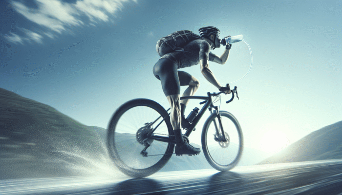 Cyclist sipping from hydration pack during a long-distance ride under a clear sky.