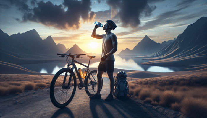 Cyclist hydrating with water and electrolyte drink before a long-distance ride, bike and scenic pre-dawn landscape in the background.