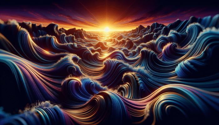 Intricate waves with dynamic textures under a vibrant sunset, creating a captivating light and shadow pattern.