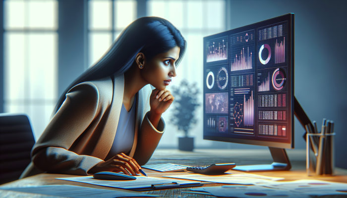 Beginning the Debt Consolidation Process with Poor Credit: A Comprehensive UK Guide | DCL An individual analysing their financial report and credit score on a computer, surrounded by various documents in an office setting.