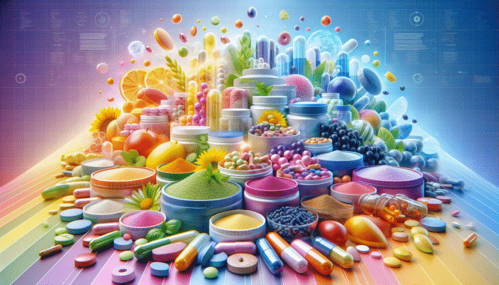 A colourful collection of dietary supplements in various forms like capsules, tablets, and powders on a bright background.