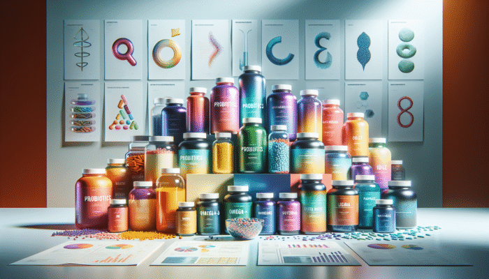 A selection of specialty supplement bottles featuring probiotics, omega-3, and protein powders displayed on a health-focused background.