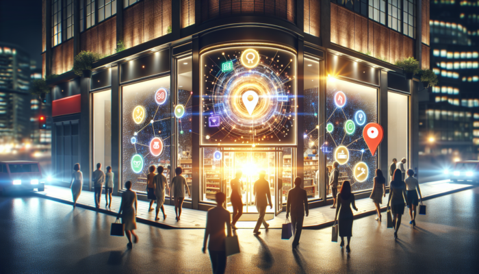 A vibrant digital storefront with a glowing Google Business Profile sign, attracting diverse local customers in an urban setting.