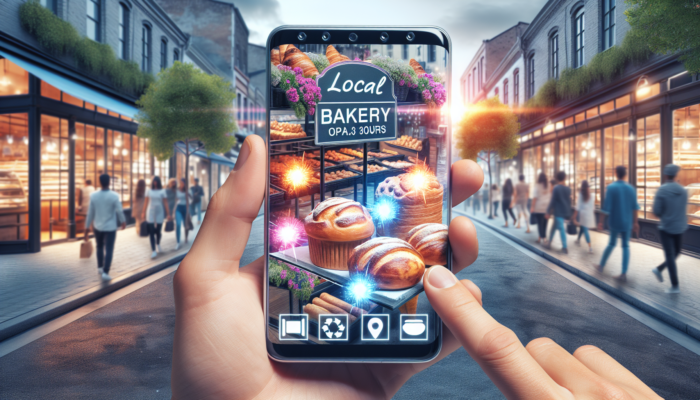 A vibrant local bakery's Google My Business profile displayed on a smartphone, showcasing a variety of pastries, operational hours, and customer reviews, set against a lively street backdrop.