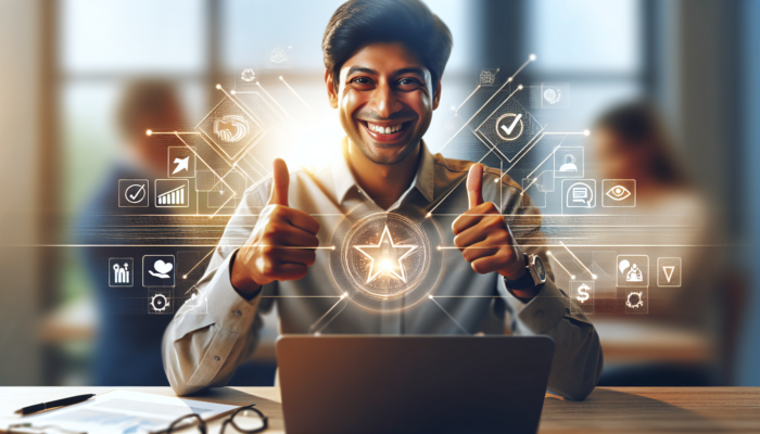 A cheerful local business owner interacting with customers online, surrounded by positive feedback and an icon symbolising a glowing reputation.