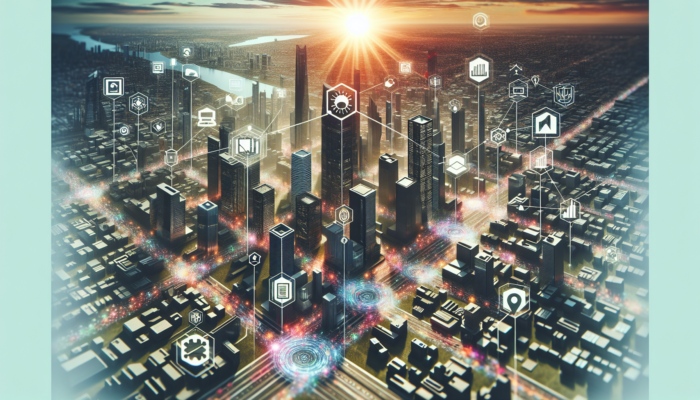 A dynamic digital map featuring businesses and Google's logo, illustrating urban connectivity and efficiency.