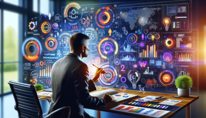 A modern analytics dashboard displaying graphs and data, with a business owner analysing customer data on a large screen.