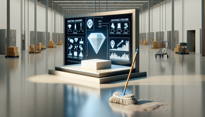 Industrial diamond tools and low-moisture scrubbers delicately treating stone, creating a lasting shine, compared to a supermarket mop.