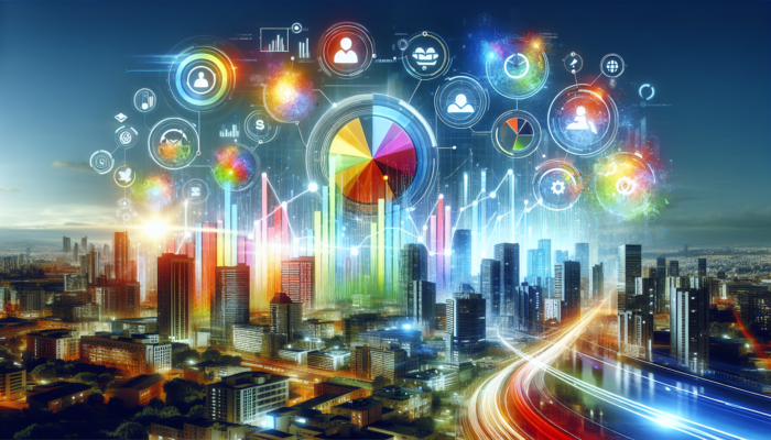 A vibrant Bing business profile showcasing graphs that indicate rising traffic and trust, set against a lively city backdrop.