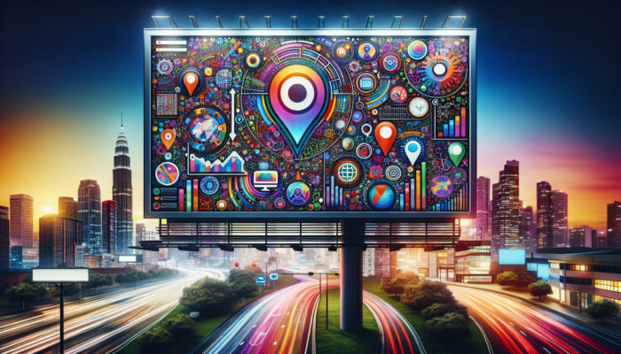 A striking digital billboard featuring "Boost Your Local SEO with Bing My Business" alongside SEO icons, set against a city backdrop at dusk.