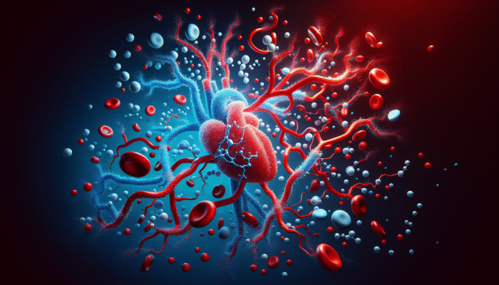 Illustration of nitric oxide molecules enhancing cardiovascular health in blood vessels, depicted with red and blue colours.
