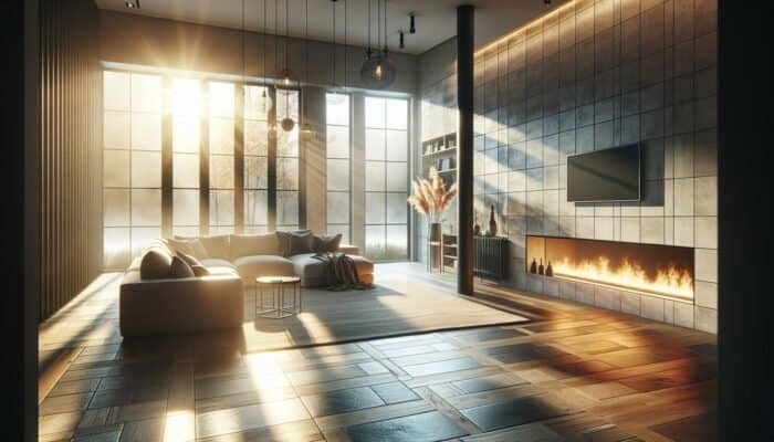 Modern living room showcasing underfloor heating, warm stone tiles, and a dust-free, serene atmosphere enhancing mood and comfort.