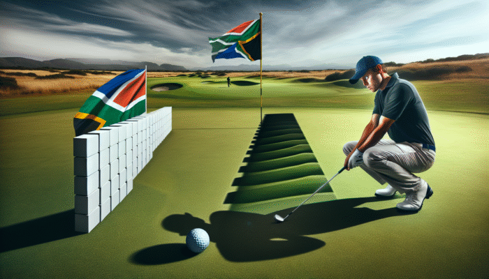 Understanding Golf Mental Blocks: A South African golfer confronting mental barriers, represented by an invisible wall and shadows of doubt and fear looming over the green.