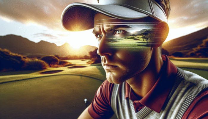 A South African golfer at sunrise, visualising the course and employing deep breathing to transform anxiety into confidence.
