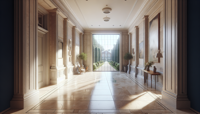 Durable travertine tiles in a luxurious UK home hallway, highlighting natural stone texture and lasting beauty.