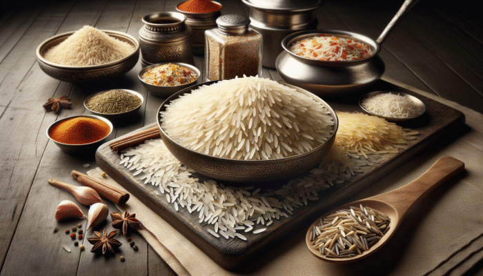 Aromatic basmati and seeraga samba rice paired with spices and biryani utensils, highlighting texture and fragrance.