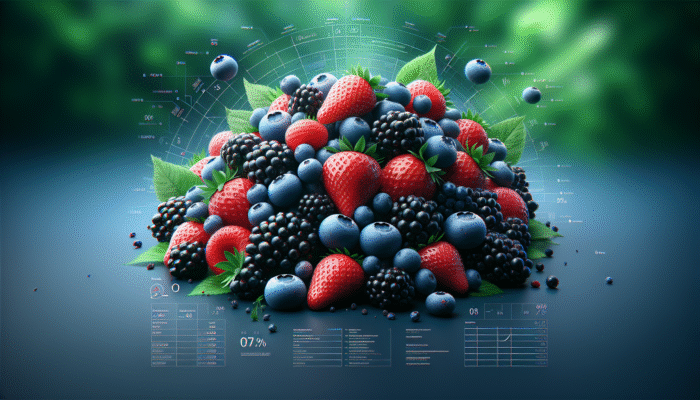 A colourful fruit salad of antioxidant-rich berries like blueberries, strawberries, and blackberries, set against lush greenery.