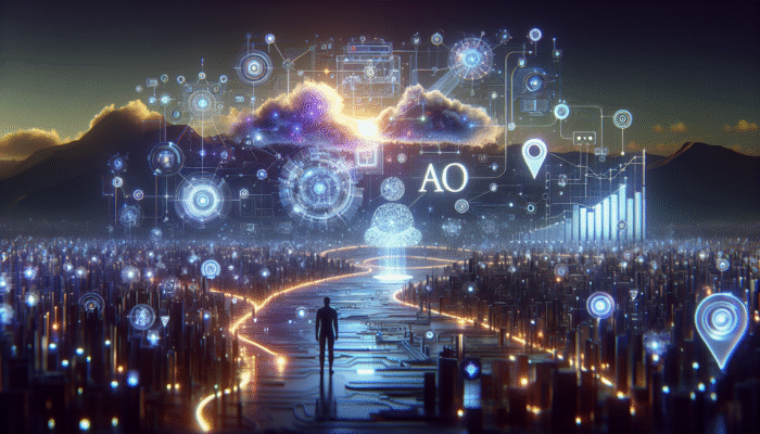 A futuristic digital landscape symbolising AI enhancement in SEO through luminous data streams and interconnected nodes.