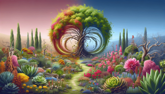 A vibrant garden with resilient plants such as succulents and perennials thriving after a disaster.