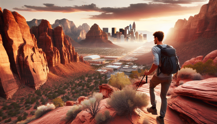 A solo traveler hiking in the red rock desert near Las Vegas, finding both tranquility and an adrenaline rush.