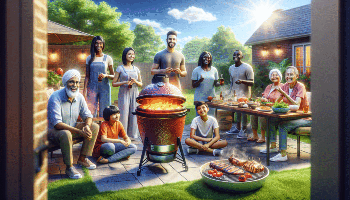 Kamado grill on patio, efficient charcoal use, happy people at cost-effective cookout, clear sky.