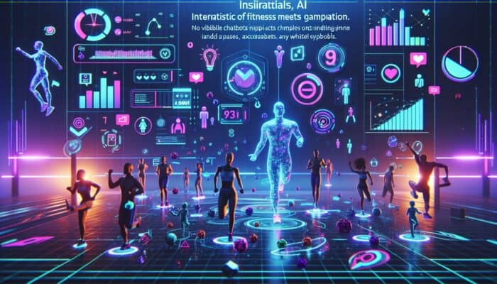 A futuristic fitness video interface with points, badges, leaderboards, animated avatars, and AI chatbots in a vibrant digital environment.