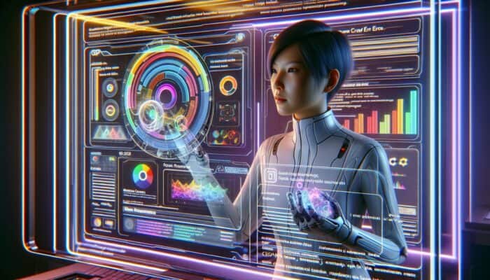 A webmaster monitors Google Search Console data on a futuristic display in a tech-savvy environment.