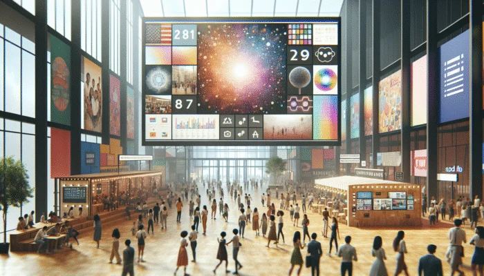 A lively community hub with individuals sharing photos and stories on a digital display, surrounded by interactive booths and brand logos.