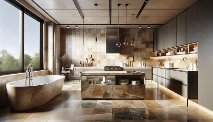 Modern UK kitchen and bathroom showcasing honed, tumbled, and polished travertine tiles in warm earthy tones.