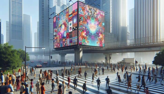 A digital billboard in an urban environment showcasing ads directed at a diverse and engaged audience.