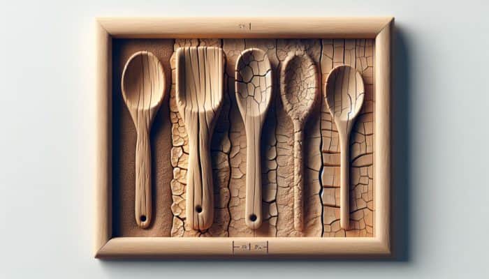 Wooden kitchen utensils displaying the effects of moisture: warped, brittle, and optimally balanced at 6-8%.