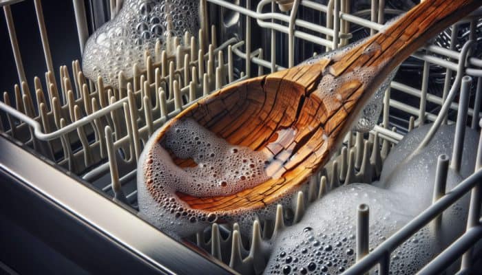A cracked and warped wooden spoon beside a running dishwasher, illustrating damage from heat and moisture.