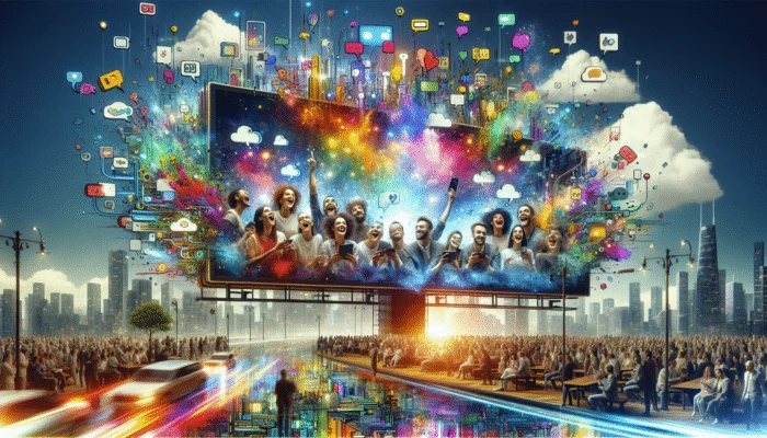 "Share Your Experience!" billboard featuring happy customers on devices, colourful speech bubbles, and a cityscape.