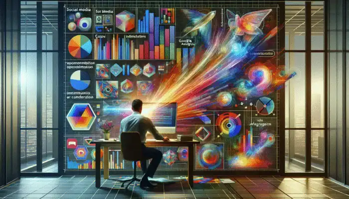 A person analysing social media performance metrics on a computer, surrounded by social media icons and analytics tools.