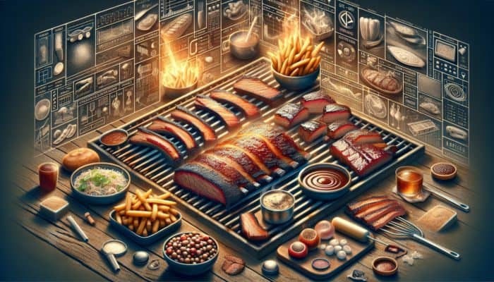 A sumptuous BBQ feast featuring marbled brisket and glazed ribs on a rustic grill.