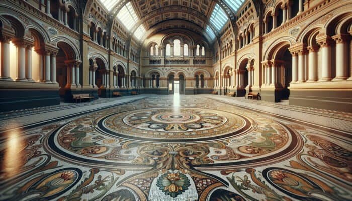 Intricate terrazzo floors in Victorian-era British architecture, seen in grand public edifices like the Natural History Museum and railway stations.