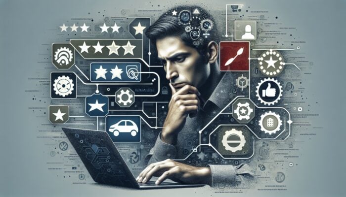 Person analysing customer reviews on laptop, surrounded by rental company logos, graphs, and stars.