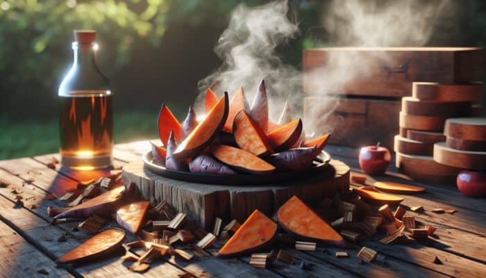 Delicious smoked sweet potato wedges elegantly displayed on a wooden table with hickory and applewood chips nearby, surrounded by aromatic smoke in the sunlight.