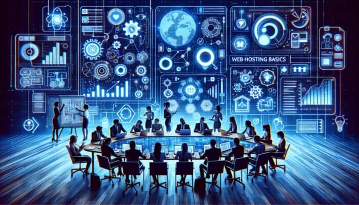 A digital workspace featuring screens displaying keyword research tools and charts, with a team brainstorming content cluster topics.