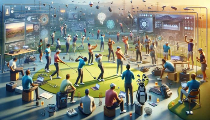 South African golfers using laptops and smartphones, participating in a community forum with expert support for swing analysis.