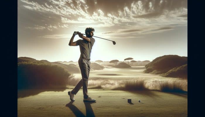 Golfer swinging on a South African course with optimal lighting and a plain background.