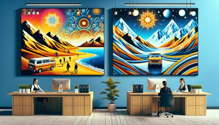 A car rental office showcasing vibrant posters of summer beach and winter mountain scenes, advertising seasonal discounts.