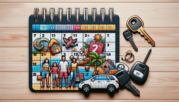 A calendar marked with holiday dates and discount symbols, surrounded by car keys, travel brochures, and a family planning a vacation.