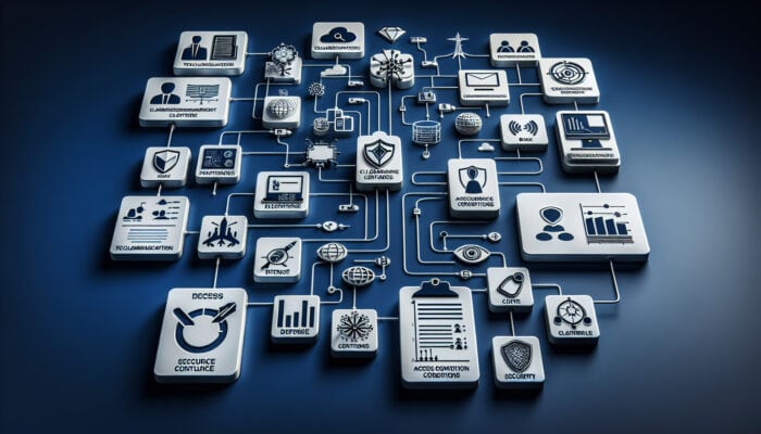 Handling Electronics Advanced in Clearance: Infographic showing clearance levels in electronics, with icons for defence, telecoms, and data centres, and a flowchart of access conditions and security protocols.