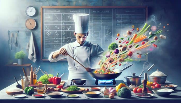 Chef stir-frying a vibrant mix of vegetables and meat in a wok, steam rising, in a lively kitchen.